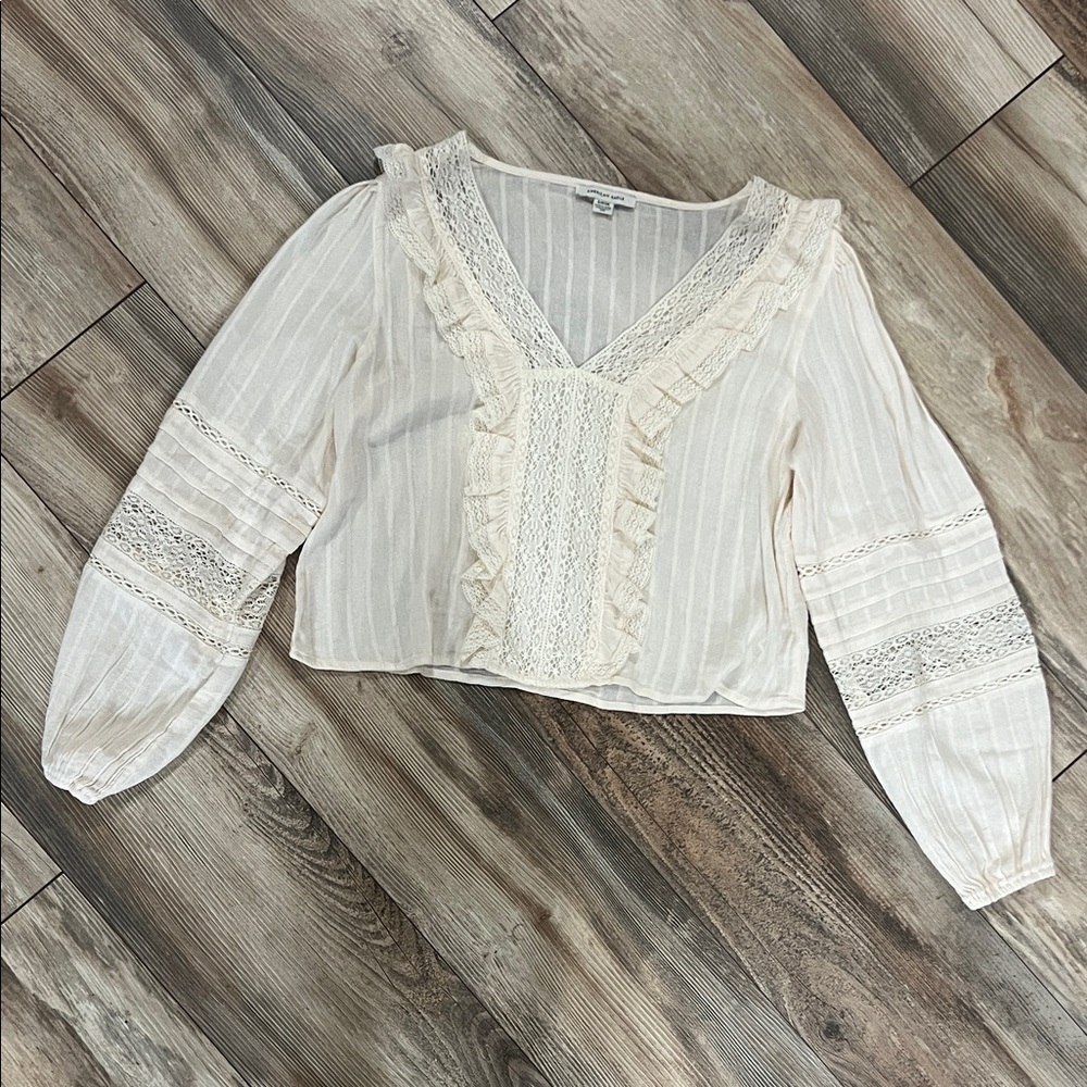 American Eagle Outfitters Cream Striped Blouse with Lace